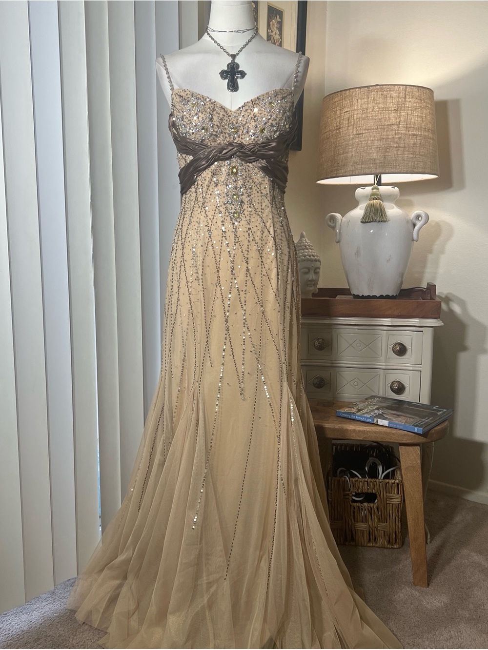 Y2K Cache Sequin Champagne Maxi Dress with Brown Sash - Picture 2 of 7